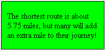 Text Box: The shortest route is about 5.75 miles, but many will add an extra mile to their journey!

